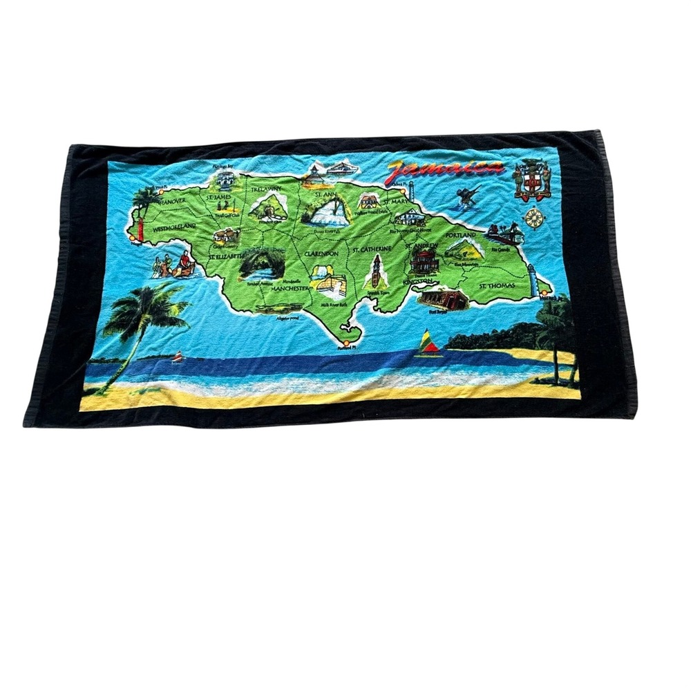 Sun Island Jamaica Map Souvenir Beach Towel 100% Cotton Black Multi
